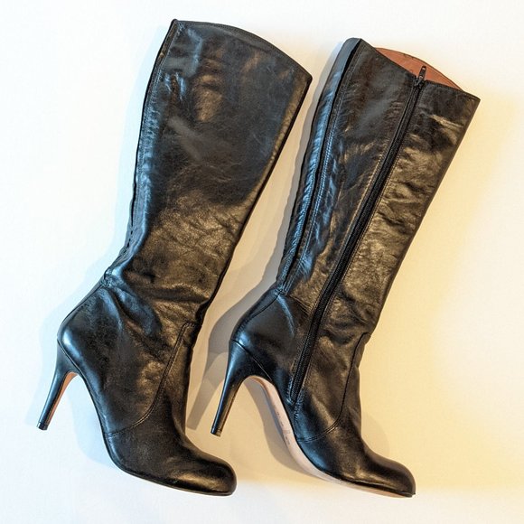 Corso Como Black Tall Leather Stiletto Heel Almond Toe Boots Women's Size 7 - Picture 2 of 15